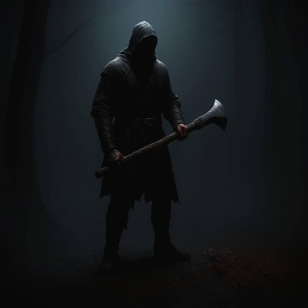 A shadowy figure lurking in the darkness, waiting to strike with an axe, detailed, realistic, digital art