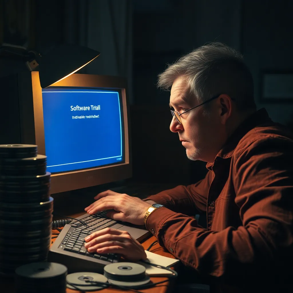 middle-aged man in a dim home office staring dramatically at a classic software trial reminder on an old computer monitor, stacks of unlabeled burned CDs, tangled cables, existential mood, warm lamp light, highly detailed realistic scene