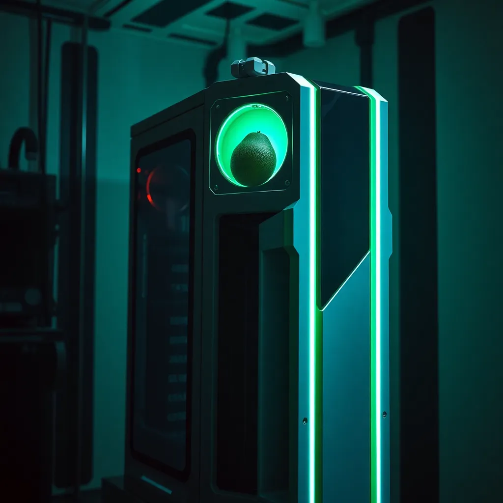 A high-tech computer tower with a single avocado resting on top, glowing green light emanating from the vents, futuristic laboratory setting, dramatic shadows