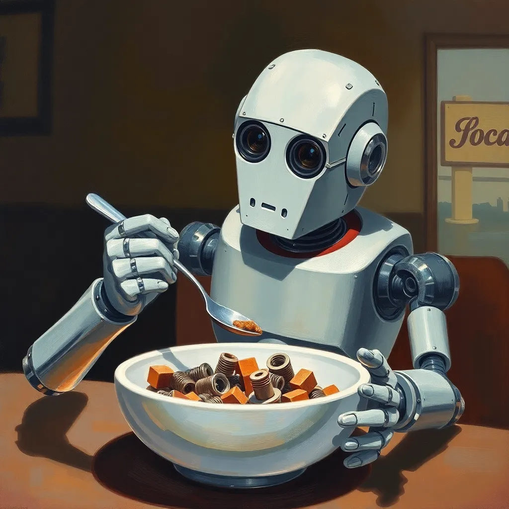 An oil painting of a robot trying to eat a bowl of bolts with a spoon, looking confused, in the style of Edward Hopper, lonely diner atmosphere