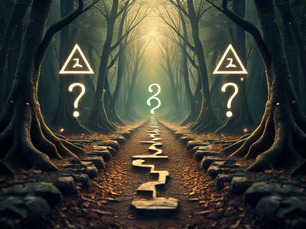 a mystical path splitting into two, one side with lambda symbols and the other with parentheses, leading into a magical forest