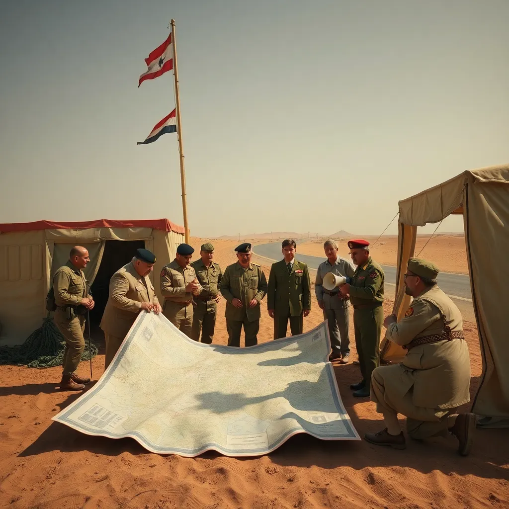 absurd military-political scene near Egyptian desert highway, command tents, officials arguing over giant maps, soldiers, overturned folding table, megaphones, desert wind, high tension mixed with bureaucratic incompetence, cinematic realism