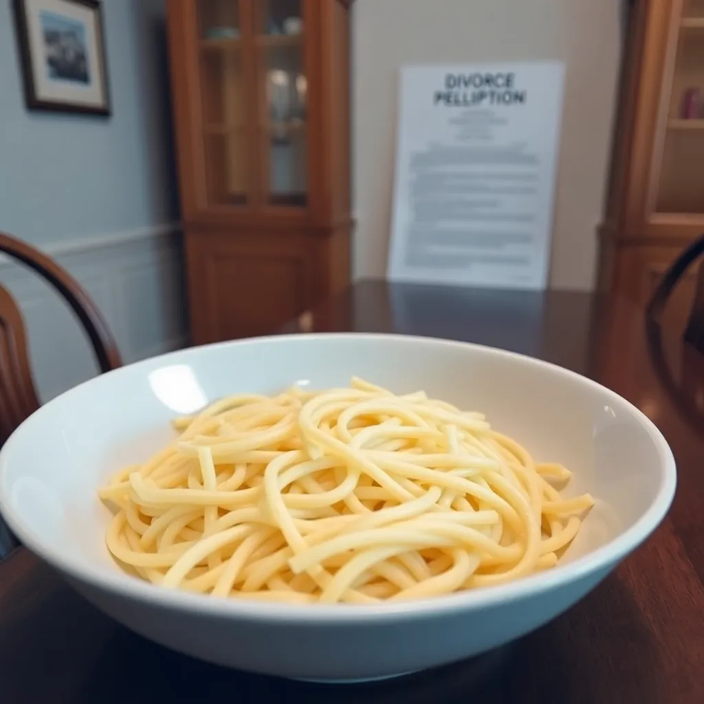 A clinical photograph of a large bowl of plain white pasta sitting on a mahogany dining table, harsh overhead lighting, a divorce petition partially visible in the background, professional documentary style.