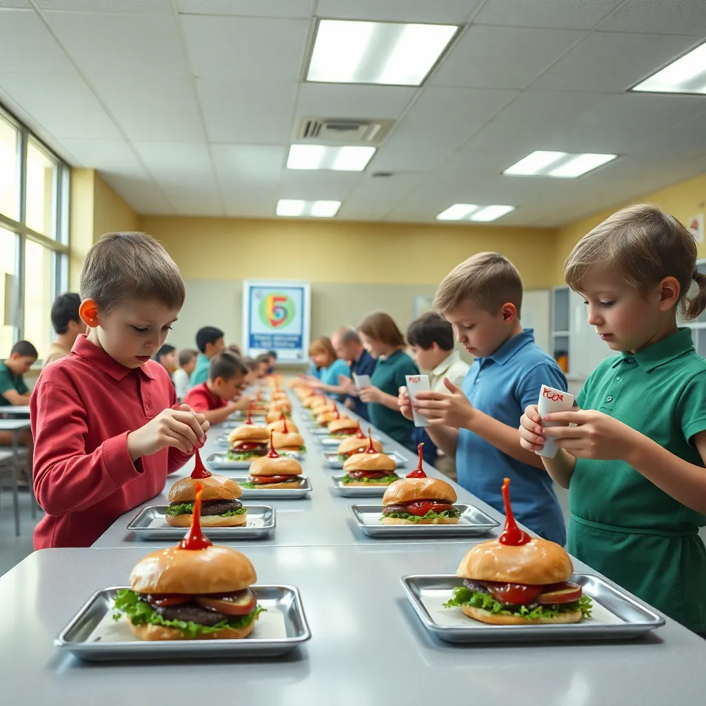 elementary school cafeteria turned into a formal training exercise, children in lunch lines practicing precise ketchup placement on hamburgers under supervision of anxious teachers with whistles and clipboards, surreal yet realistic, bright institutional lighting