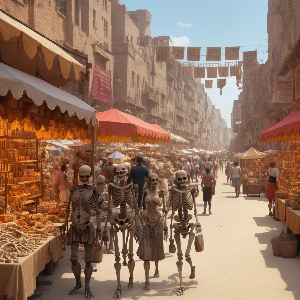 Marketplace near the excavation site, selling ancient skeleton people-themed merchandise