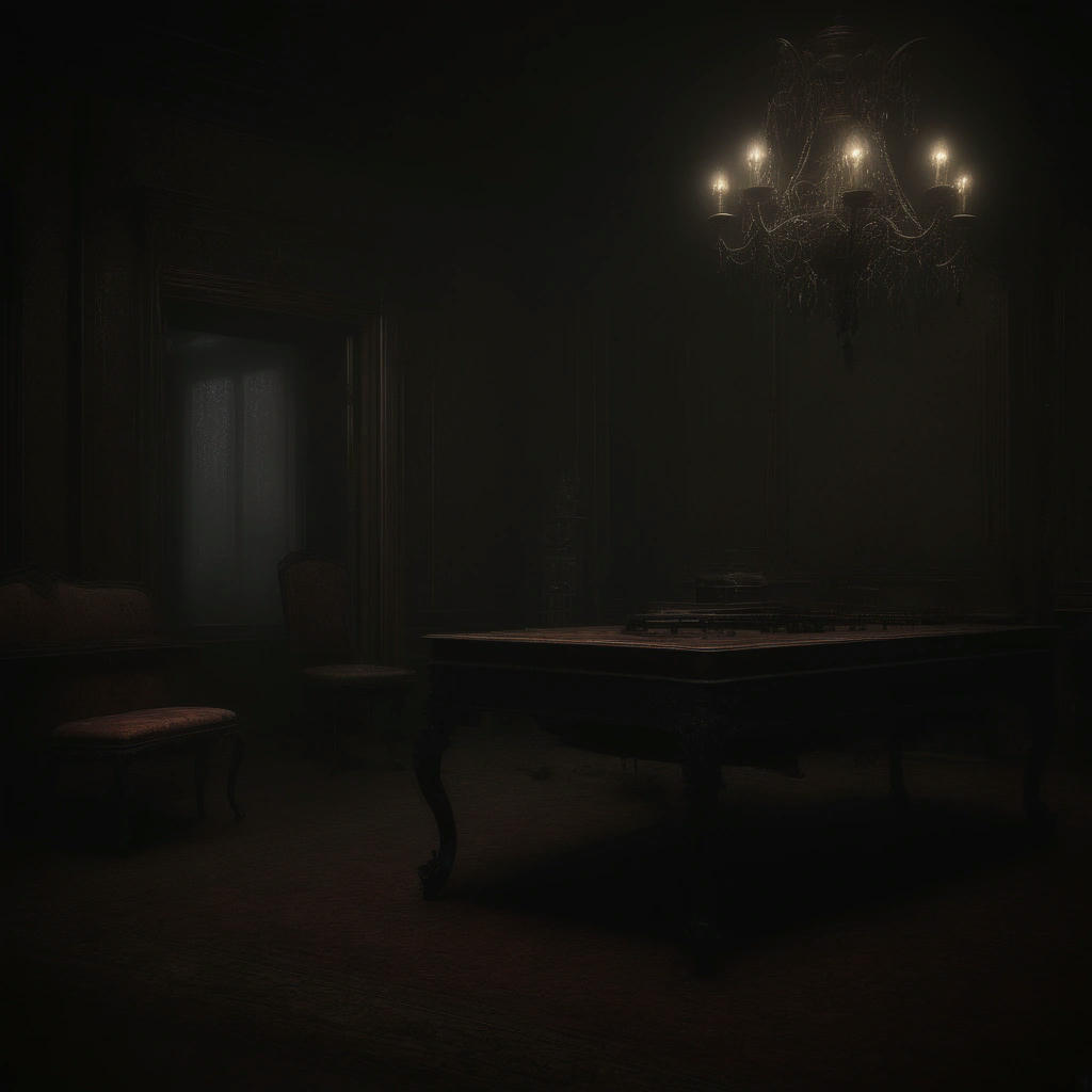 a shadowy figure with glowing eyes, standing in a grand parlor with antique furniture and a grand piano, eerie atmosphere, high detail, horror, photorealistic, dramatic lighting