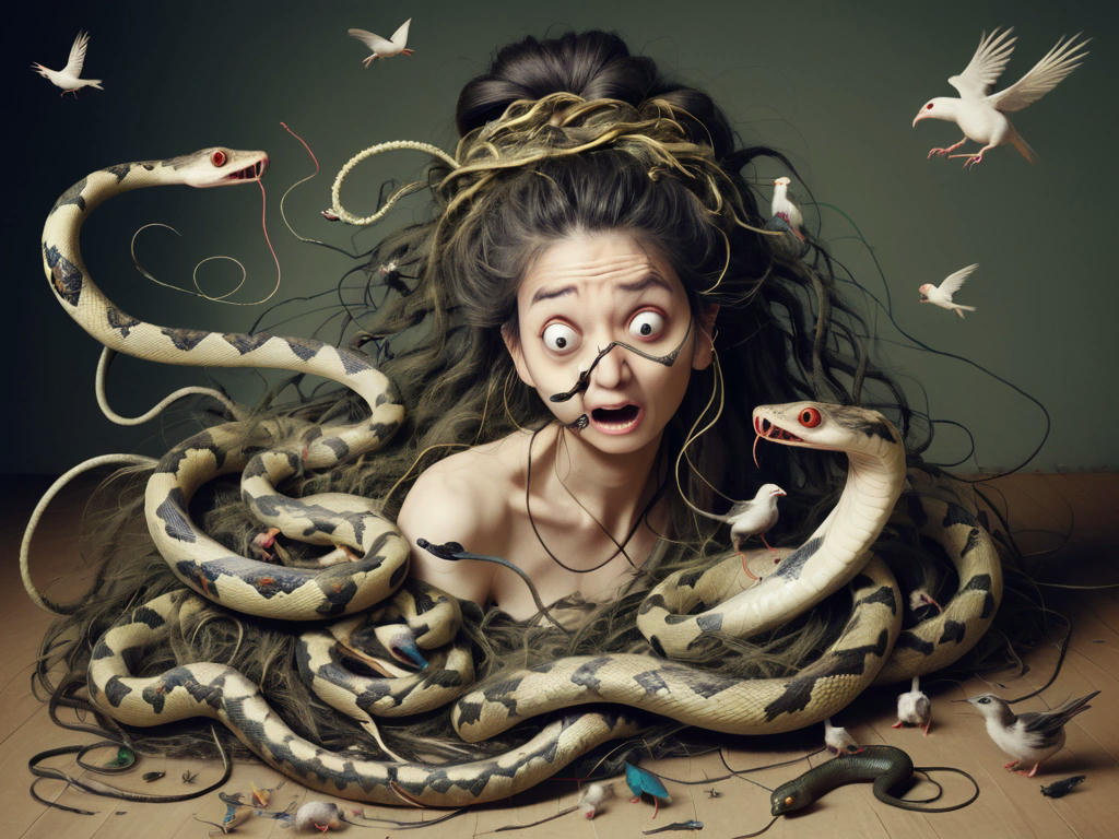 a snake slithering through a messy, knotted hairdo, with birds and mice watching warily from their nests