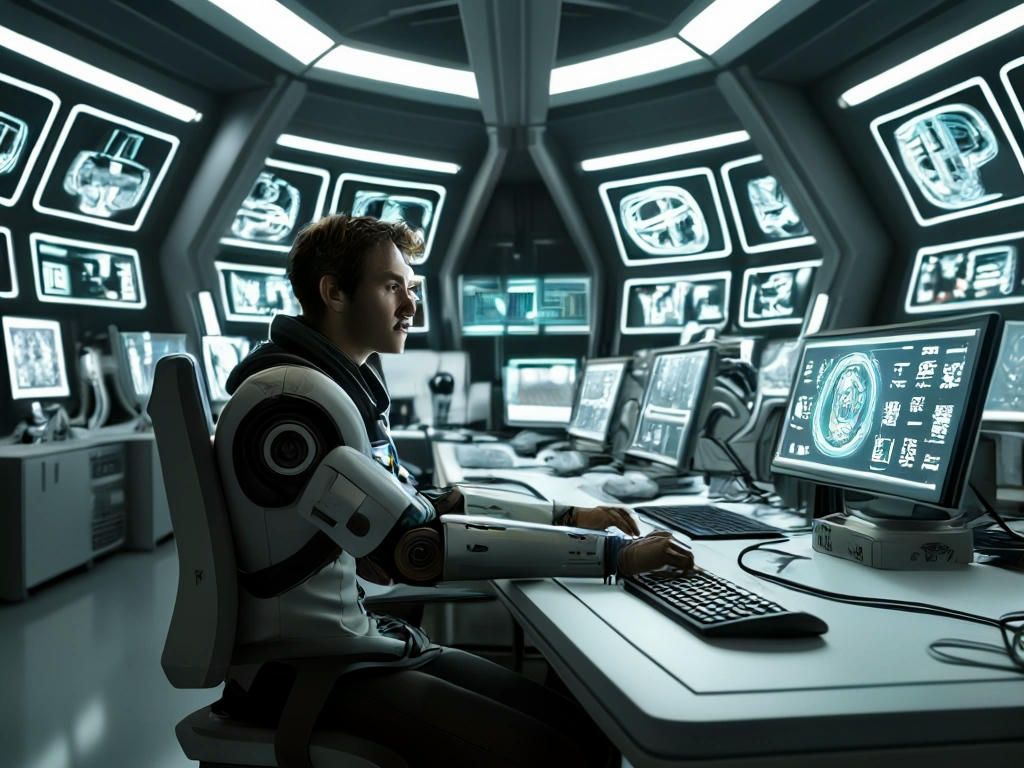 J.S. sitting in a futuristic lab, surrounded by screens and devices, controlling a robotic arm with their mind, a look of concentration and wonder on their face, high-resolution rendering, with a sense of excitement and possibility