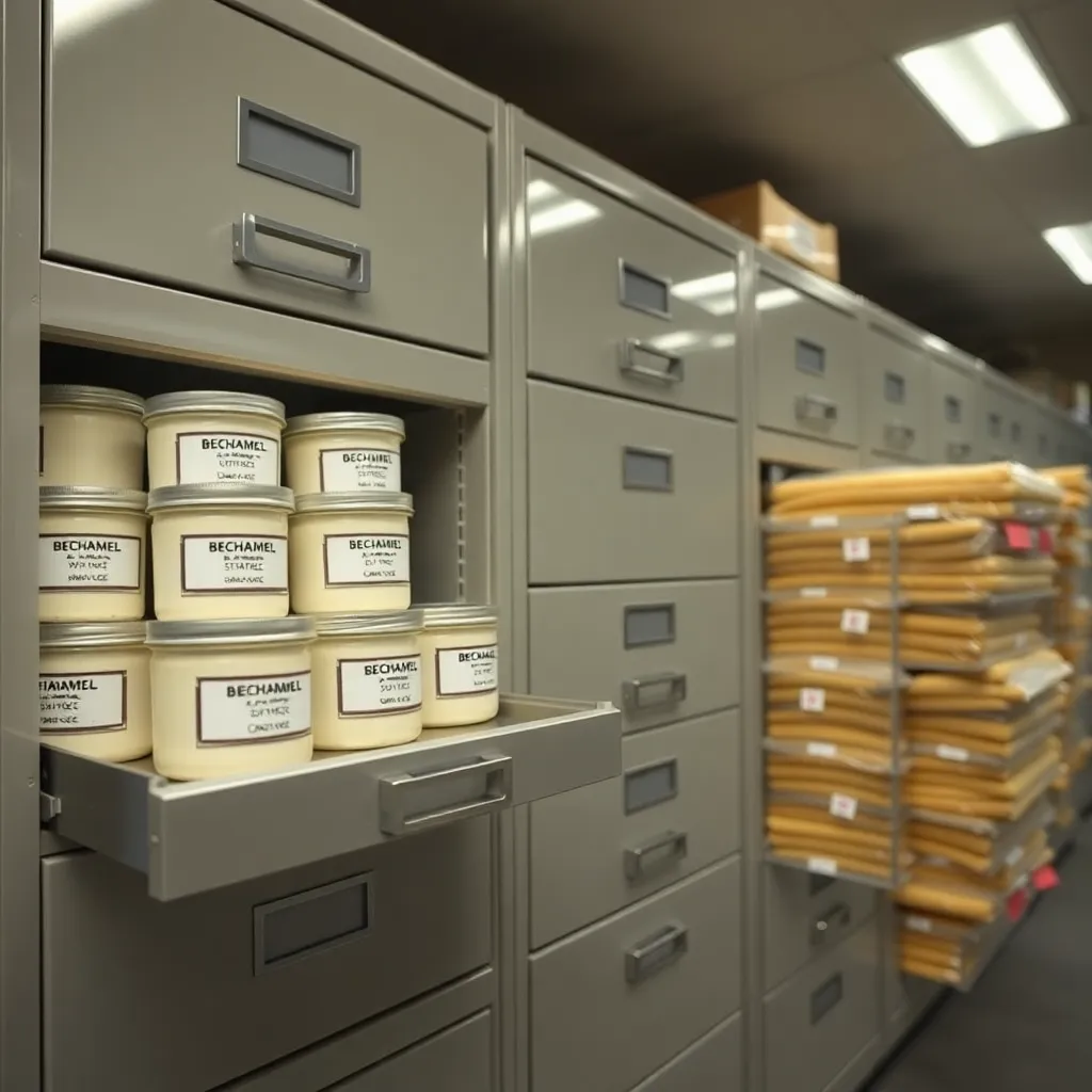 Strategic béchamel reserve in repurposed filing cabinets