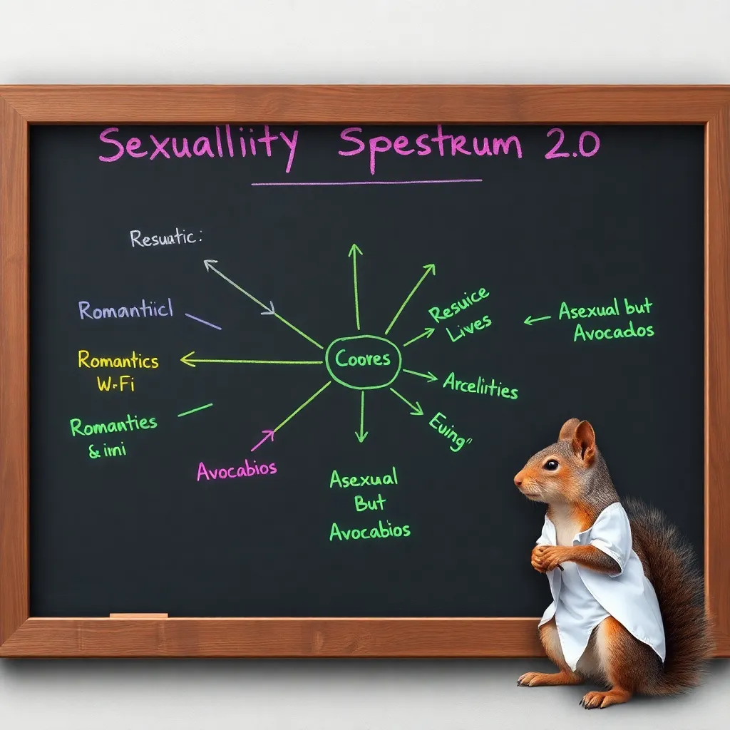 chaotic flowchart on a chalkboard titled 'Sexuality Spectrum 2.0' with arrows pointing to labels like 'Romantic with Wi-Fi Signals' and 'Asexual but Loves Avocados', drawn in neon chalk by a squirrel in a lab coat