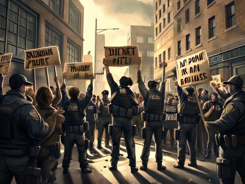 A group of animal rights activists protesting outside a police station, holding signs and banners, with a dramatic and emotive atmosphere, high-quality, detailed, and realistic