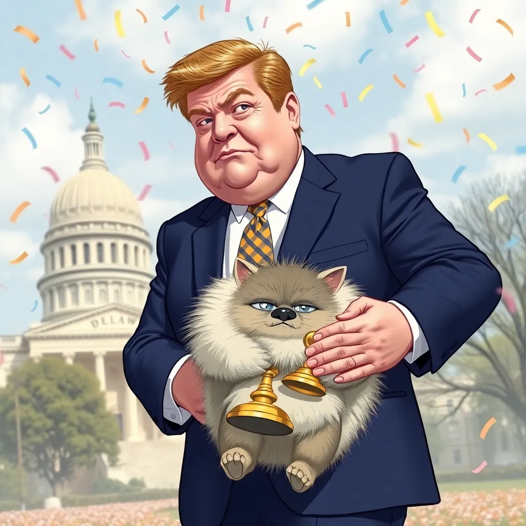 overweight politician in a too-tight suit holding a fluffy femboy creature like a trophy, confetti raining down, Delaware state capitol building in background, creature looking mildly annoyed