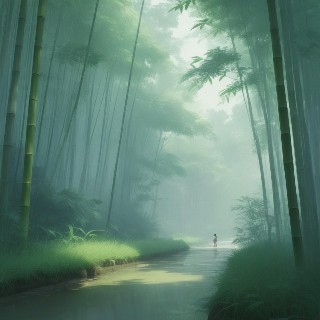 A bamboo forest, serene, peaceful, natural, green, lush, vibrant, misty, foggy, atmospheric, cinematic, art by Makoto Shinkai and Hayao Miyazaki