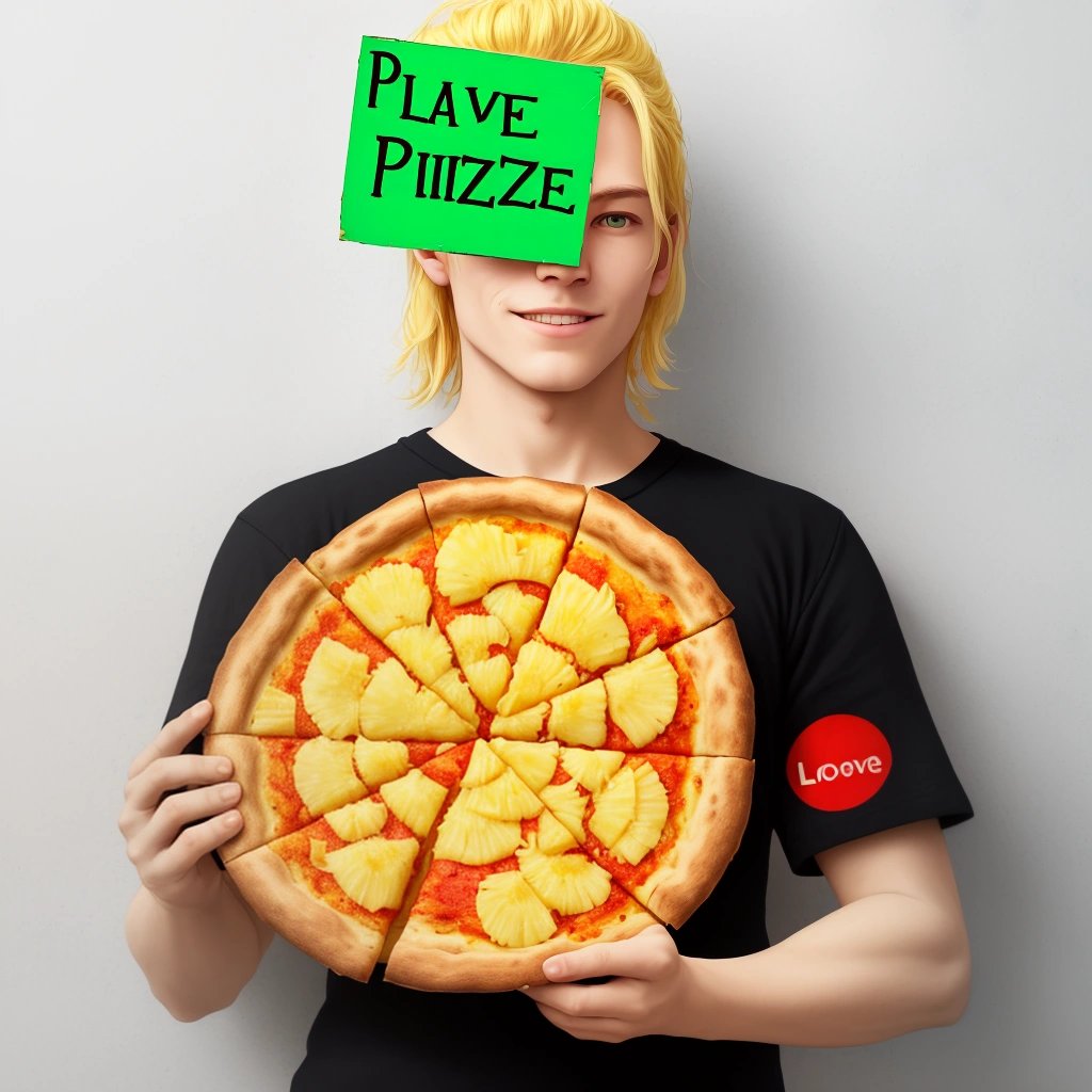 Protestor with sign and slice of pineapple pizza