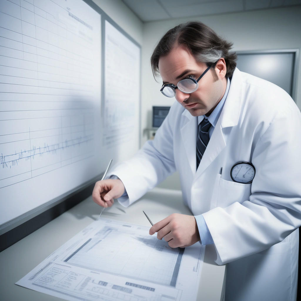 A scientist in a lab, surrounded by charts and graphs that appear to show cooling trends.