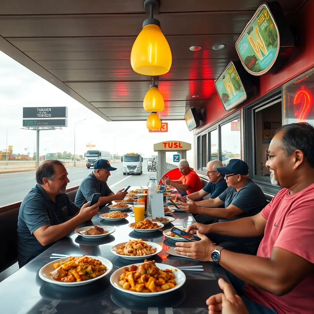 busy roadside diner on a Brazilian highway, truck drivers happily paying with smartphones via instant transfer, plates of hearty food, neon signs, fuel pumps visible outside, atmosphere of liberation and practical modernity, detailed documentary realism