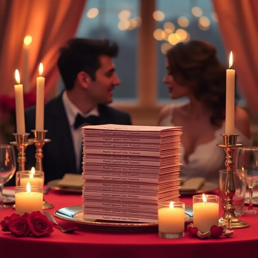 a romantic dinner setting with candles, where the main dish is a stack of trade agreements, and a person is lovingly gazing at it