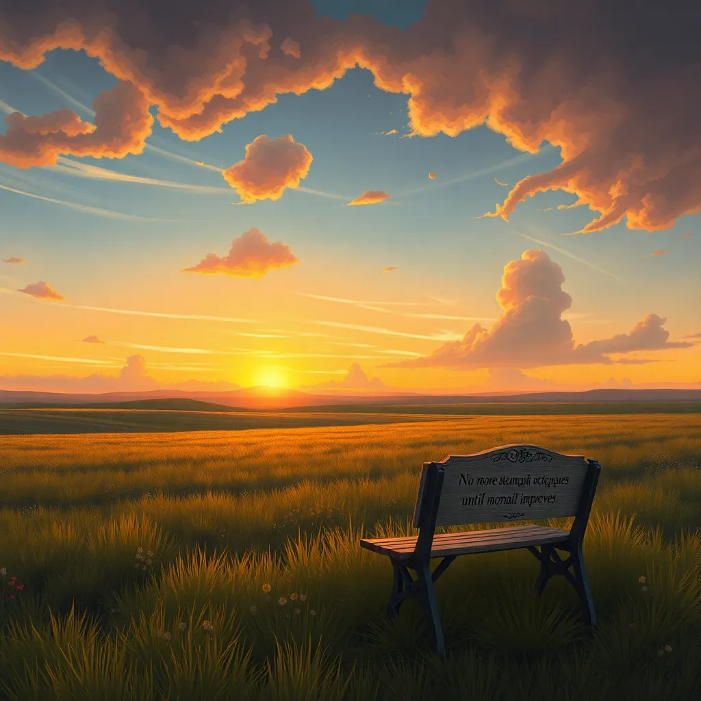 a serene meadow at sunset with an empty wooden bench and a polite sign saying no more steampunk octopuses until morale improves, distant whimsical clouds shaped like gears and tentacles, calm after chaos, painterly and oddly majestic