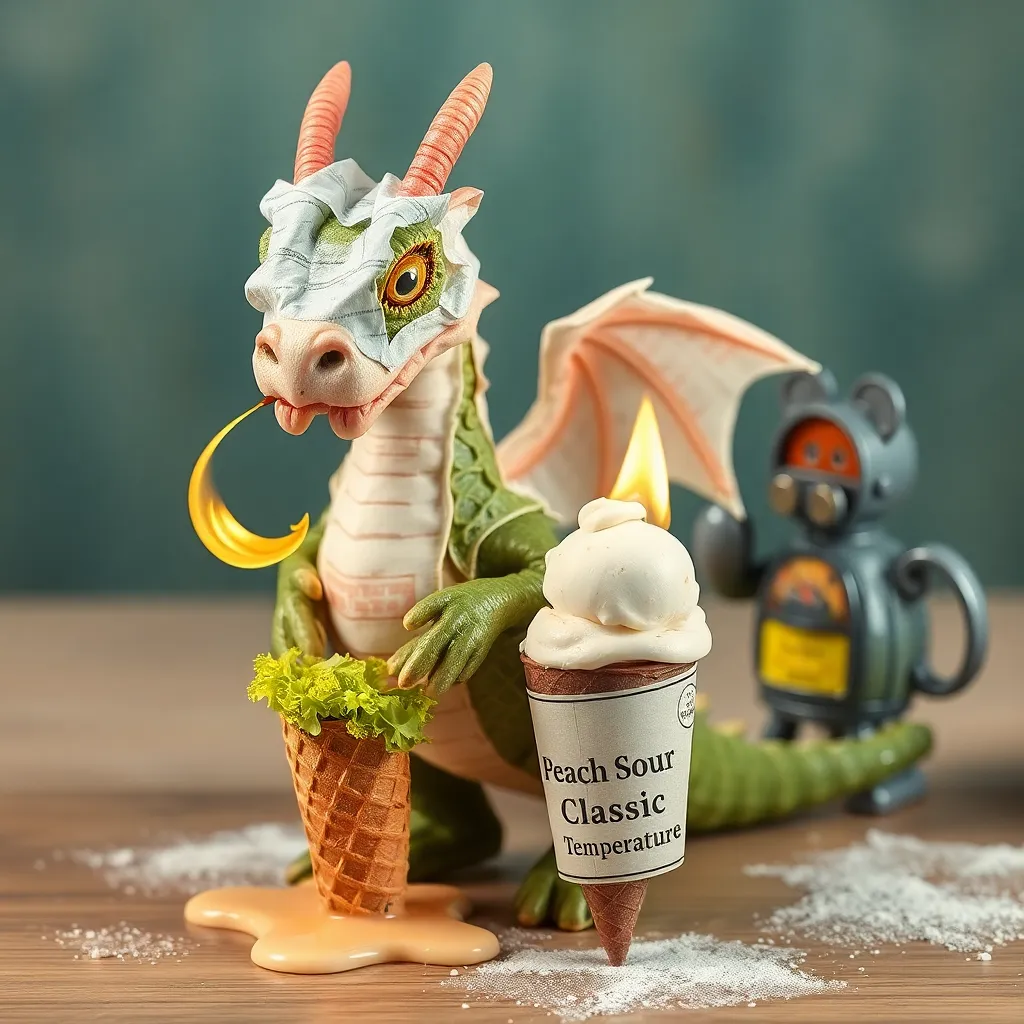 A confused dragon made entirely of crumpled shopping receipts and wilted lettuce breathing a tiny flame onto a melting ice cream cone labeled 'Peach Sour Classic Temperature'; background shows a tiny furnace wearing mittens and sipping tea