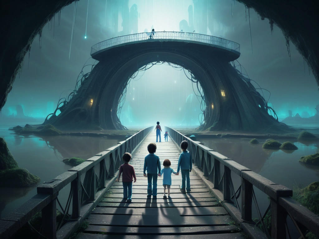 A mysterious, corrupted bridge between two dimensions, with children looking lost and a father who seems out of time