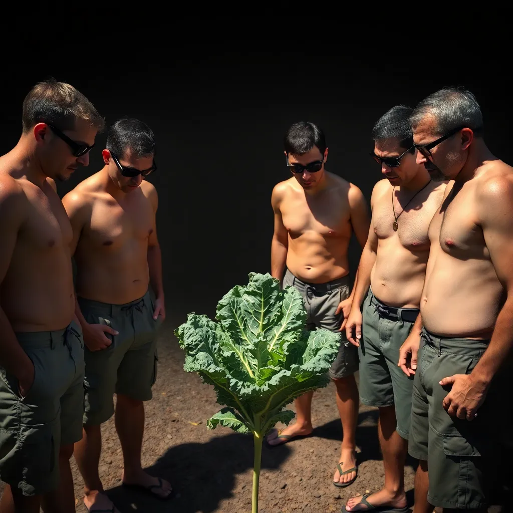 A group of men in cargo shorts and wraparound sunglasses standing in a circle around a single kale leaf, looking at it with intense suspicion and fear, dramatic shadows, National Geographic style photography
