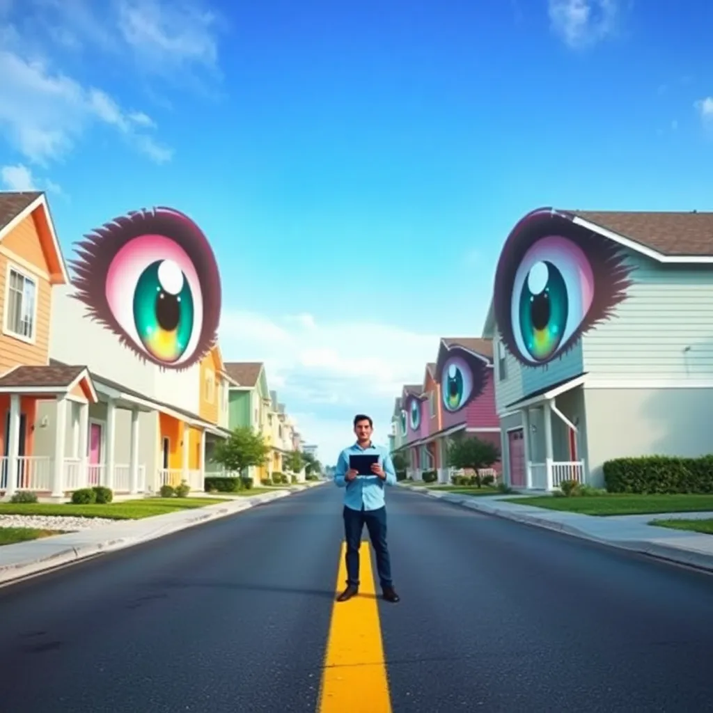 A suburban street where the houses have been painted to look like giant anime eyes, a man standing in the middle of the road holding a tablet, surrealist atmosphere, vibrant colors