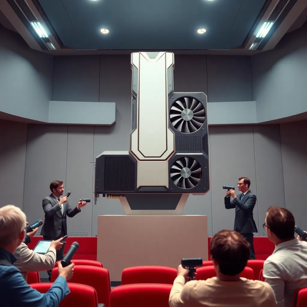 corporate press conference with futuristic tech executives defending an absurdly gigantic graphics card on a pedestal, reporters shielding themselves from powerful wind, microphones bent sideways, sleek modern auditorium, dramatic and comedic realism
