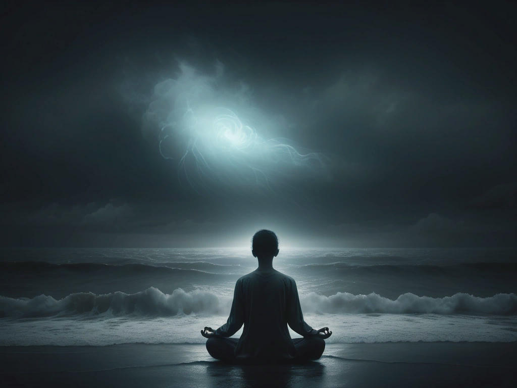 A person meditating, with a subtle, eerie glow around them, surrounded by whispers of dark emotions, and a faint image of a stormy sea in the background