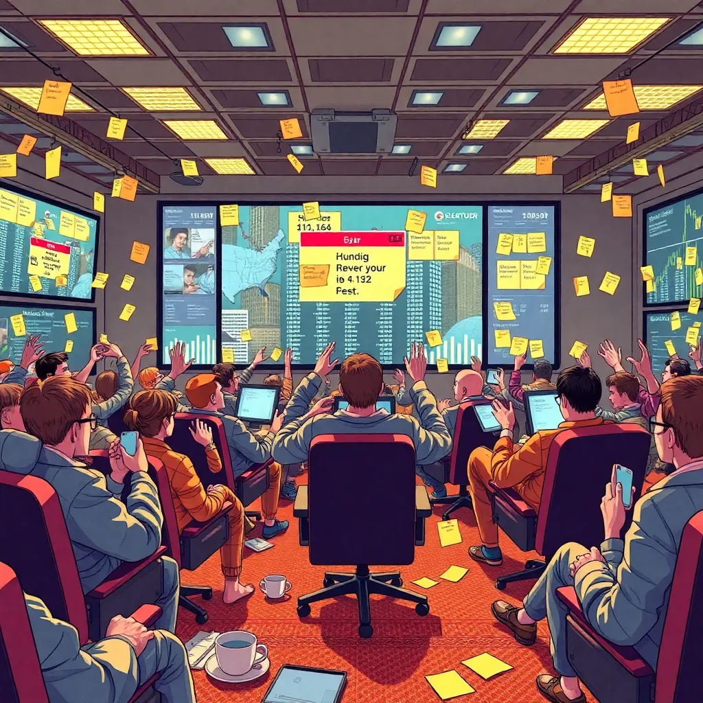 a panicked internet forum brought to life as a physical trading floor, people in pajamas and gamer chairs shouting absurd image prompts at giant floating screens, sticky notes reading cinematic lighting and ultra detailed everywhere, coffee cups spilling, chaotic comedy energy, richly detailed newsroom style illustration
