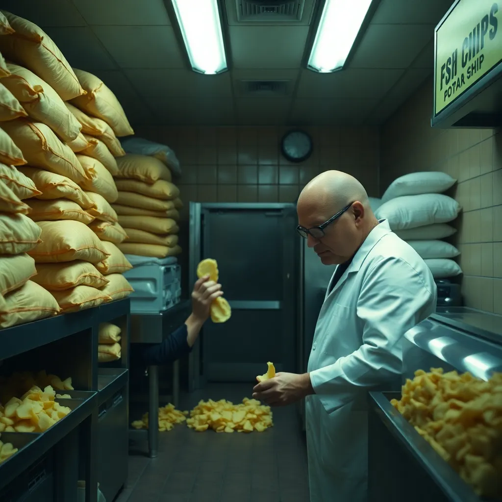 interior of a fish and chip shop back room transformed into an absurdly serious potato preparation operation, towering sacks of potatoes, stainless steel counters, dramatic fluorescent lighting, bald man in glasses inspecting a single chip like a scientist, British takeaway details, cinematic documentary style