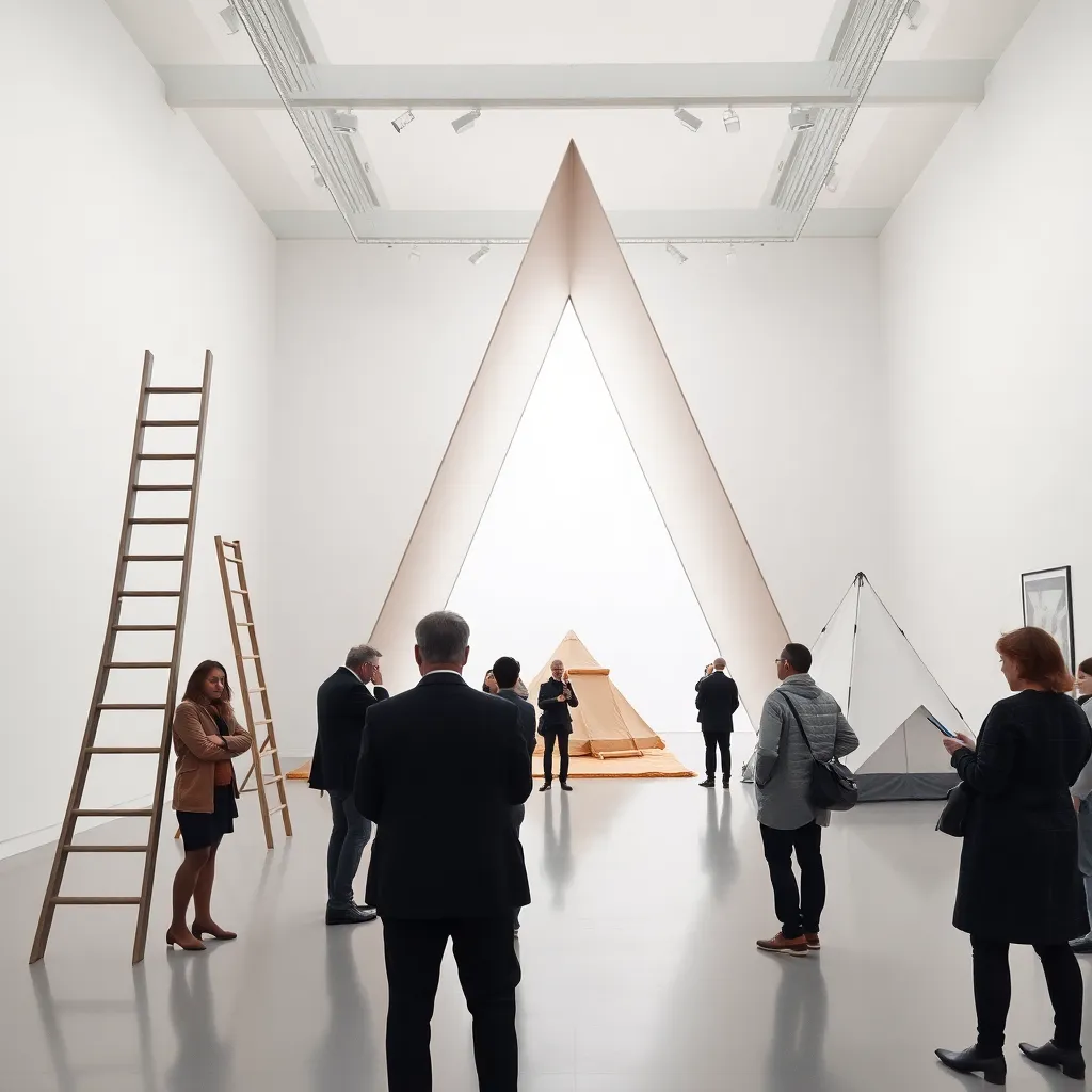 a modern art museum gallery devoted entirely to the shape of the letter A, giant triangular sculptures, ladders, tents, fashionable visitors taking notes with grave seriousness, bright minimalist interior, absurd high-art atmosphere
