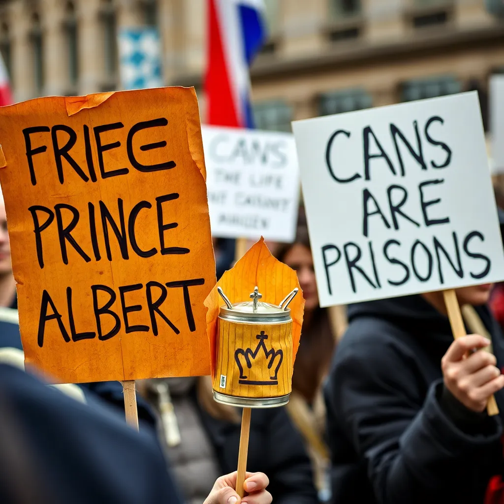 protesters holding signs made of dried tobacco leaves reading 'FREE PRINCE ALBERT' and 'CANS ARE PRISONS', one sign shows a tiny crown inside a can