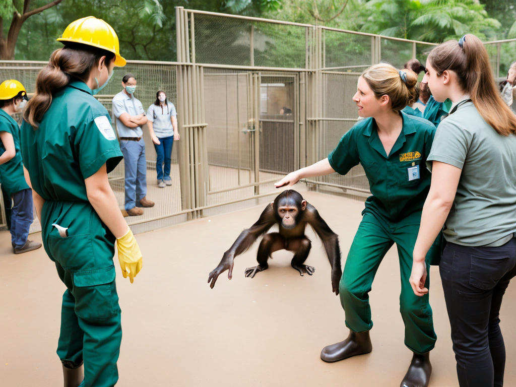 zoo staff rescuing a student from a primate enclosure, concerned onlookers, calm primates in the background