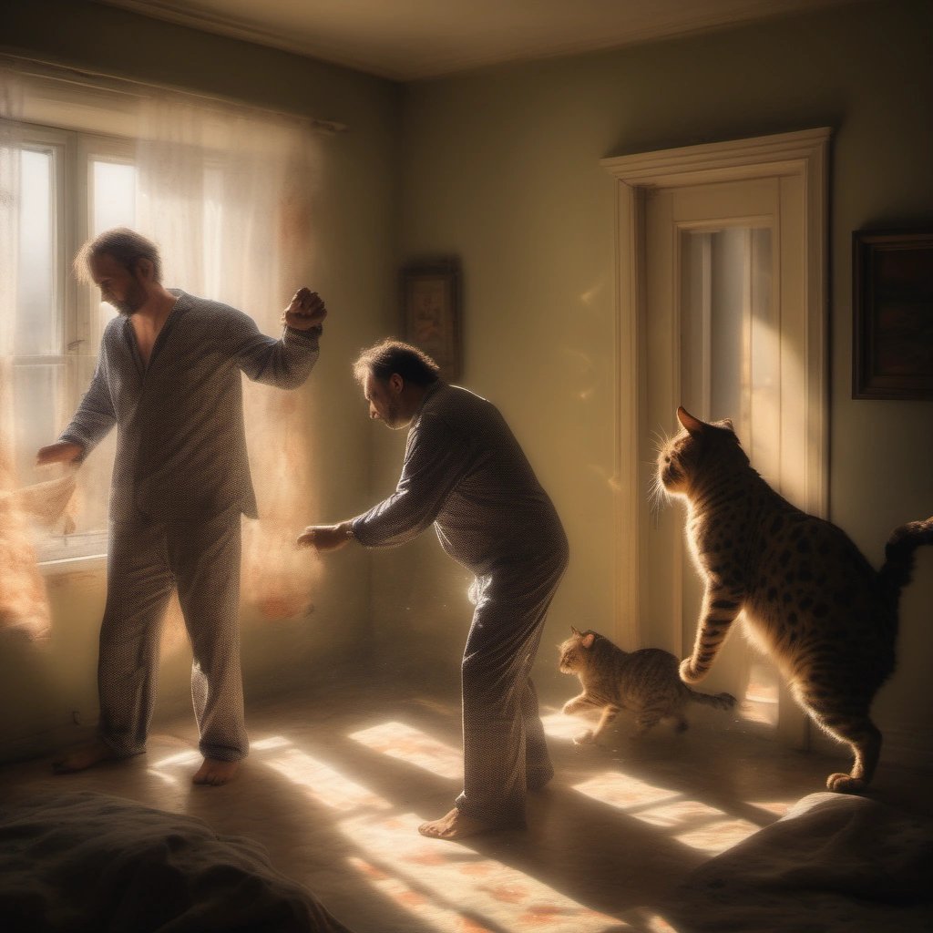 Man fighting cats