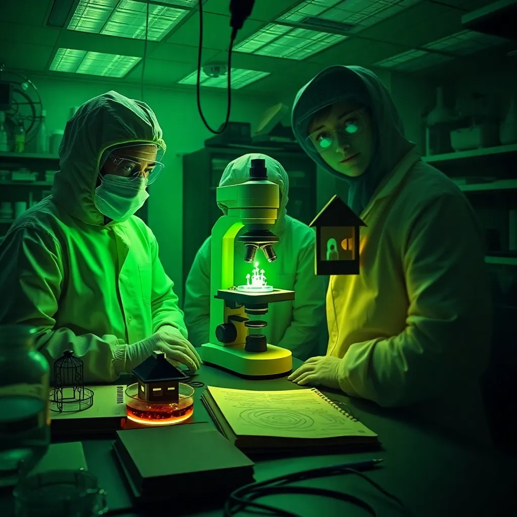 a laboratory in chaos where scientists in protective gear stare at a microscope emitting eerie green light, petri dishes turning into miniature gazebos, notebooks filled with spirals, tense and ridiculous scientific scene, cinematic realism