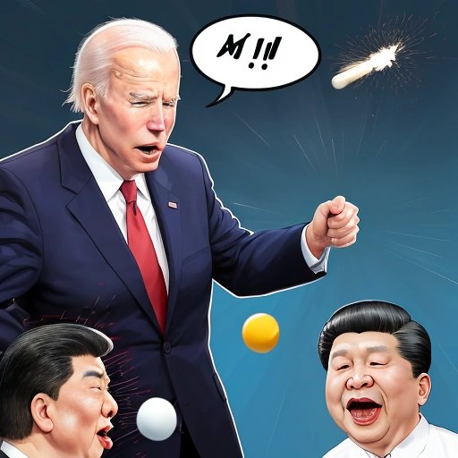 Exaggerated illustration of Biden hitting a ping pong ball with a shockwave and sending Xi Jinping flying