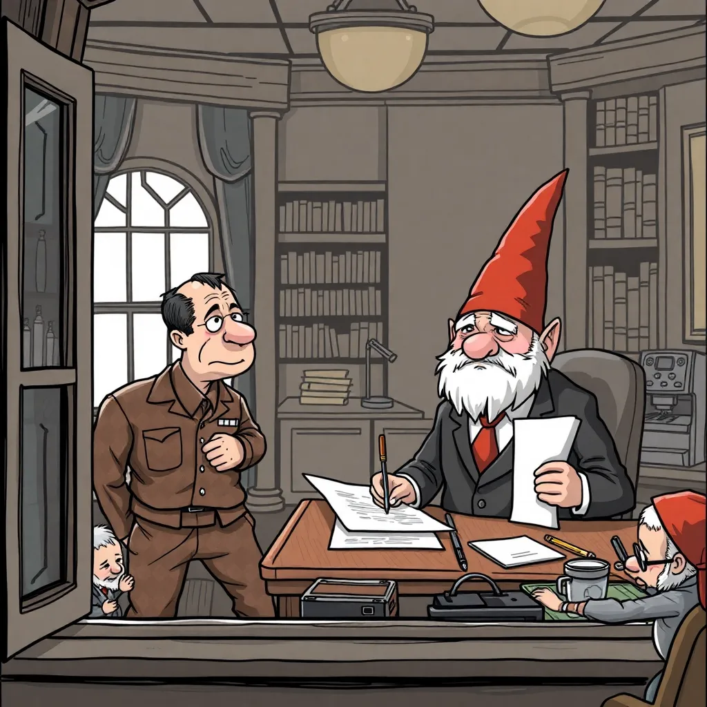 A distraught human mayor in pajamas peering through a library window at a gnome wearing his exact suit and tie, sitting at the mayor's desk signing documents with a toothpick, gnomes operating coffee machines in the background