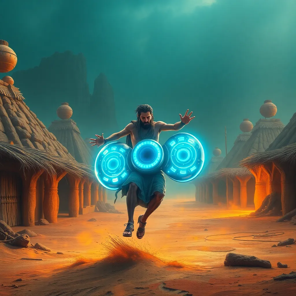 An ancient Sumerian man trying to ride a giant, glowing, high-tech fidget spinner through a mud village, digital art, vibrant colors