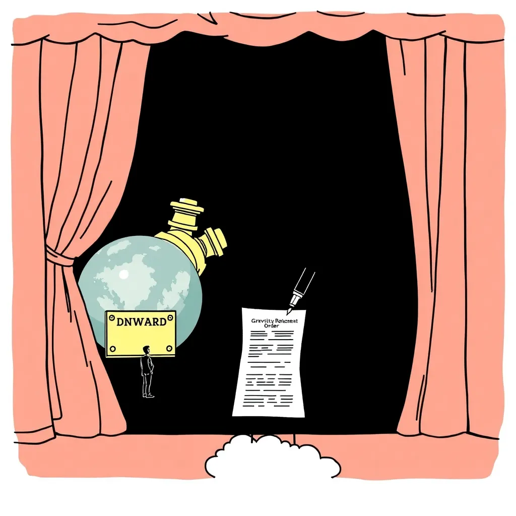 The “Dnward” globe-shaped lever reveal, signed by a pen held by a tiny guy on a binary cloud