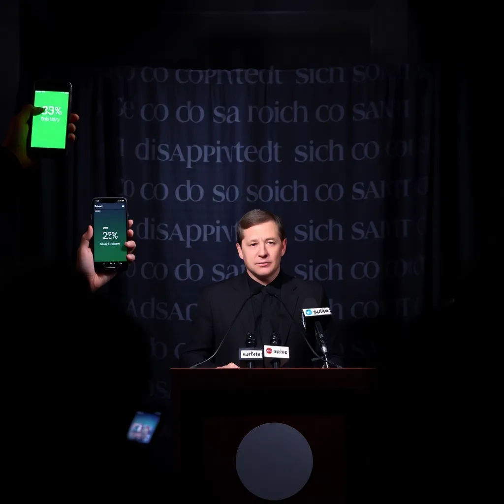 Press conference lit by a dying phone battery