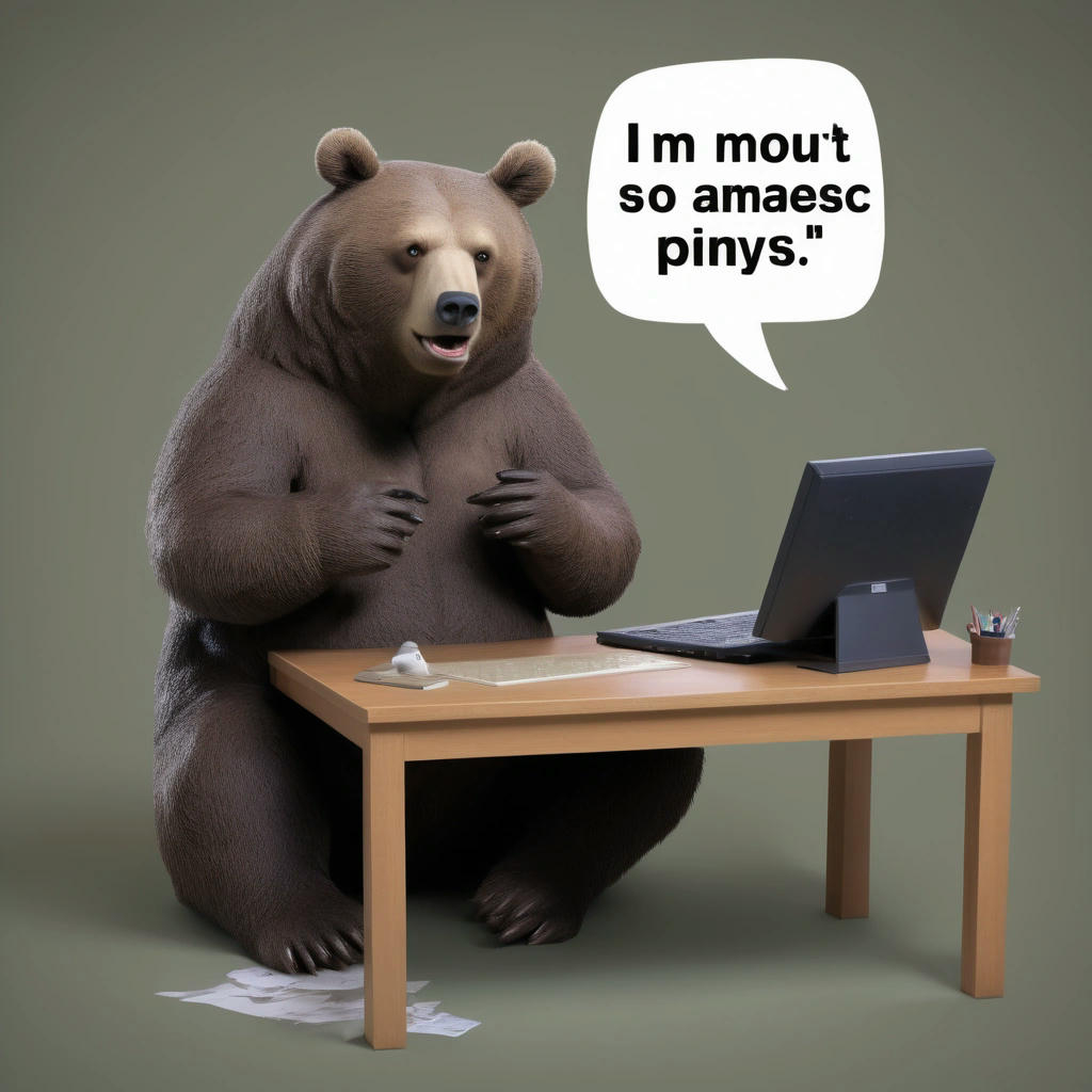 a humorous image of a bear sitting at a desk, looking at a computer screen with a meme of a woman being attacked by a bear, with a thought bubble saying 'I'm a symbol of masculinity now?', confused expression, funny, cartoon style, trending on 9gag