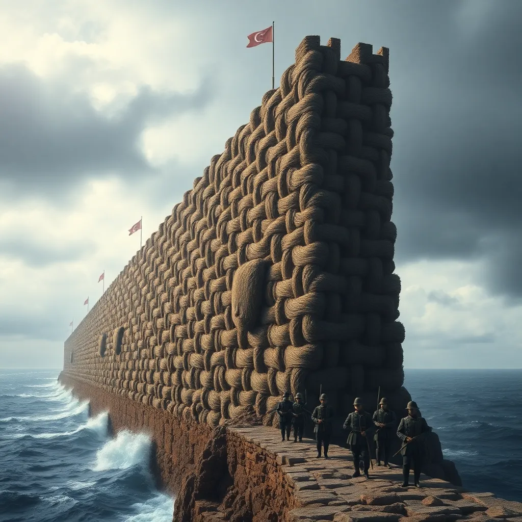 A massive, towering wall made entirely of woven human facial hair, mustaches, and beards, stretching across a stormy sea, Victorian soldiers guarding it