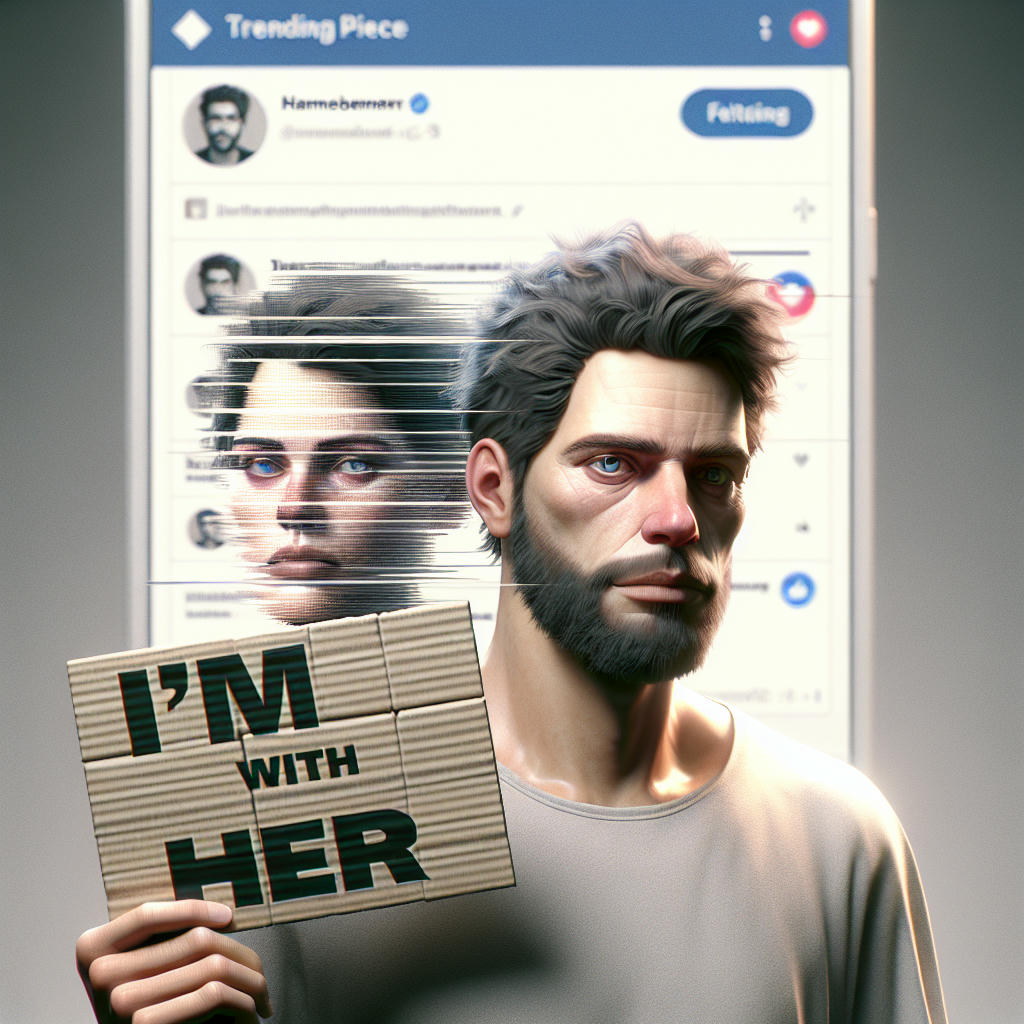 A person holding a 'I'm with Her' sign, with a faint image of a Twitter notification in the background, looking smug, with a subtle hint of desperation, hyper-realistic, high-quality, detailed, trending on artstation