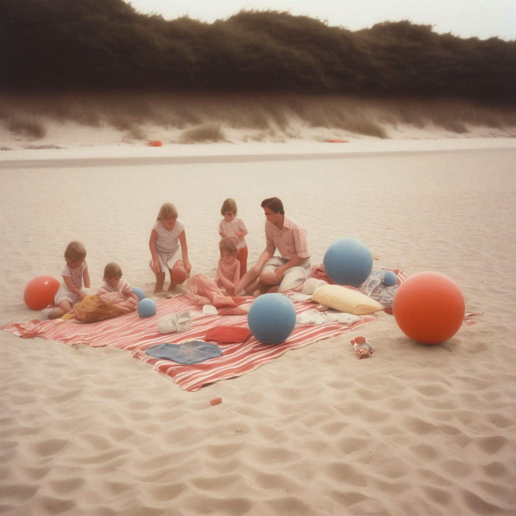 A nostalgic photo of a family on a Cape Cod beach in the 1980s, with a vintage camera, beach balls, and a picnic blanket, warm and fuzzy lighting, film grain, retro aesthetic