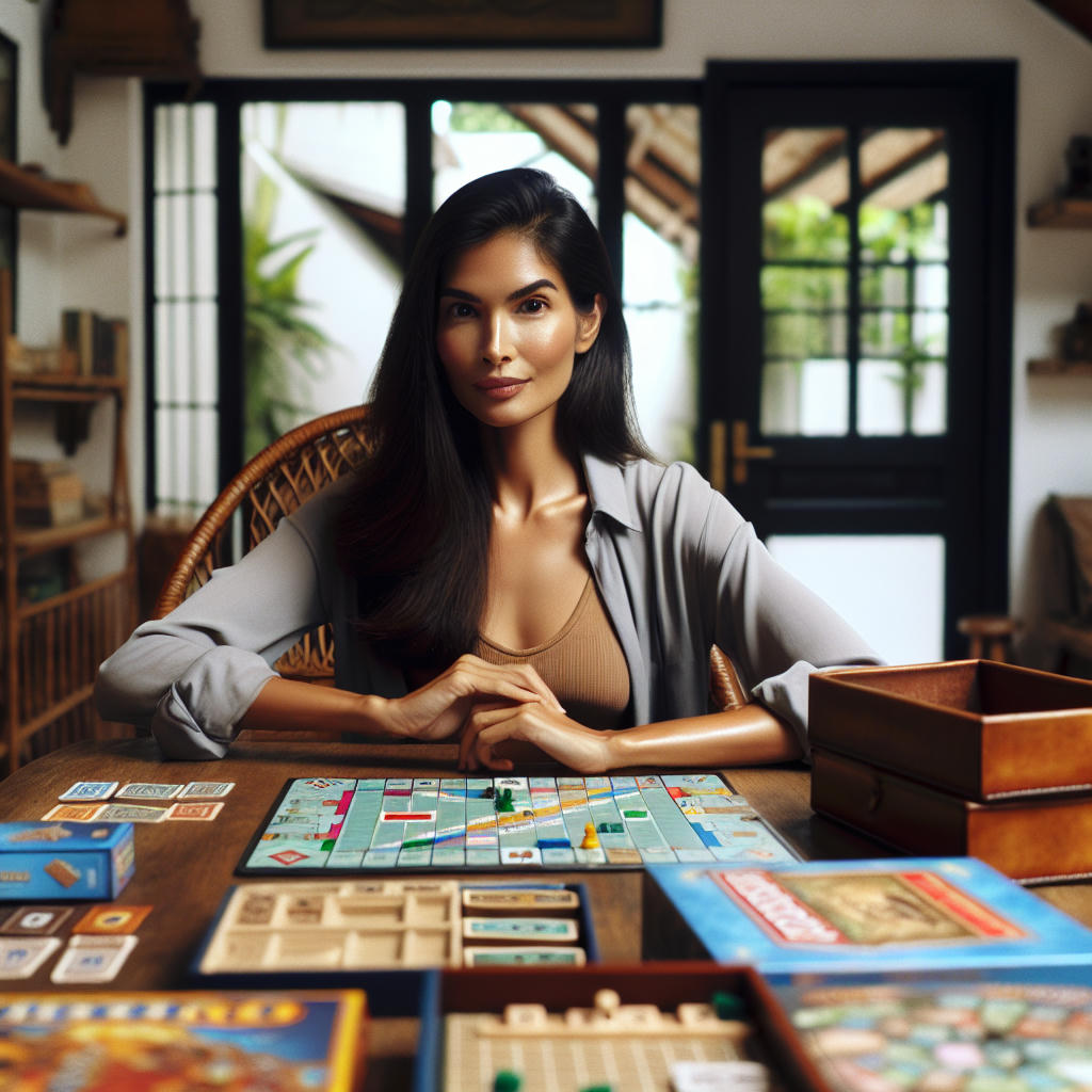 A person sitting at a wooden table, surrounded by board games like Monopoly and Scrabble, playing against themselves, with a determined expression, natural lighting, detailed and realistic, cozy and inviting atmosphere