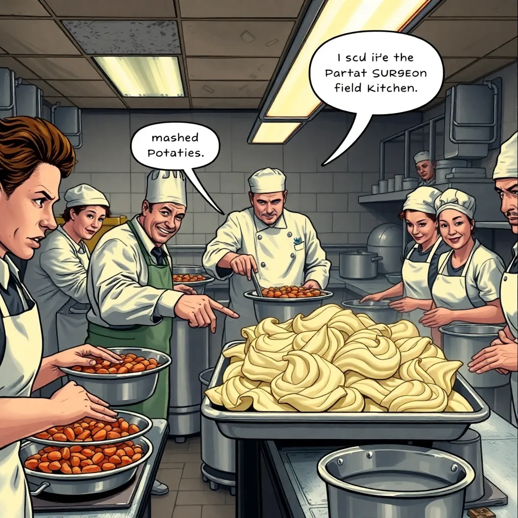 chaotic wartime field kitchen with exhausted cooks serving food, one fussy surgeon pointing sternly at mashed potatoes arranged too cheerfully on a tray, institutional lighting, stainless steel pots, comic realism, detailed expressions of disbelief from kitchen staff