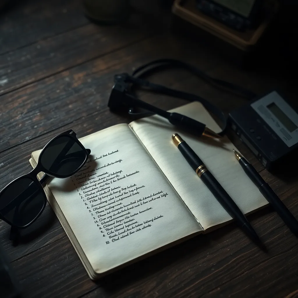 a mysterious notebook on a worn wooden table, pages filled with cryptic handwritten bullet points, beside dark sunglasses, a fountain pen, and a tape recorder, moody dramatic lighting, cinematic mystery