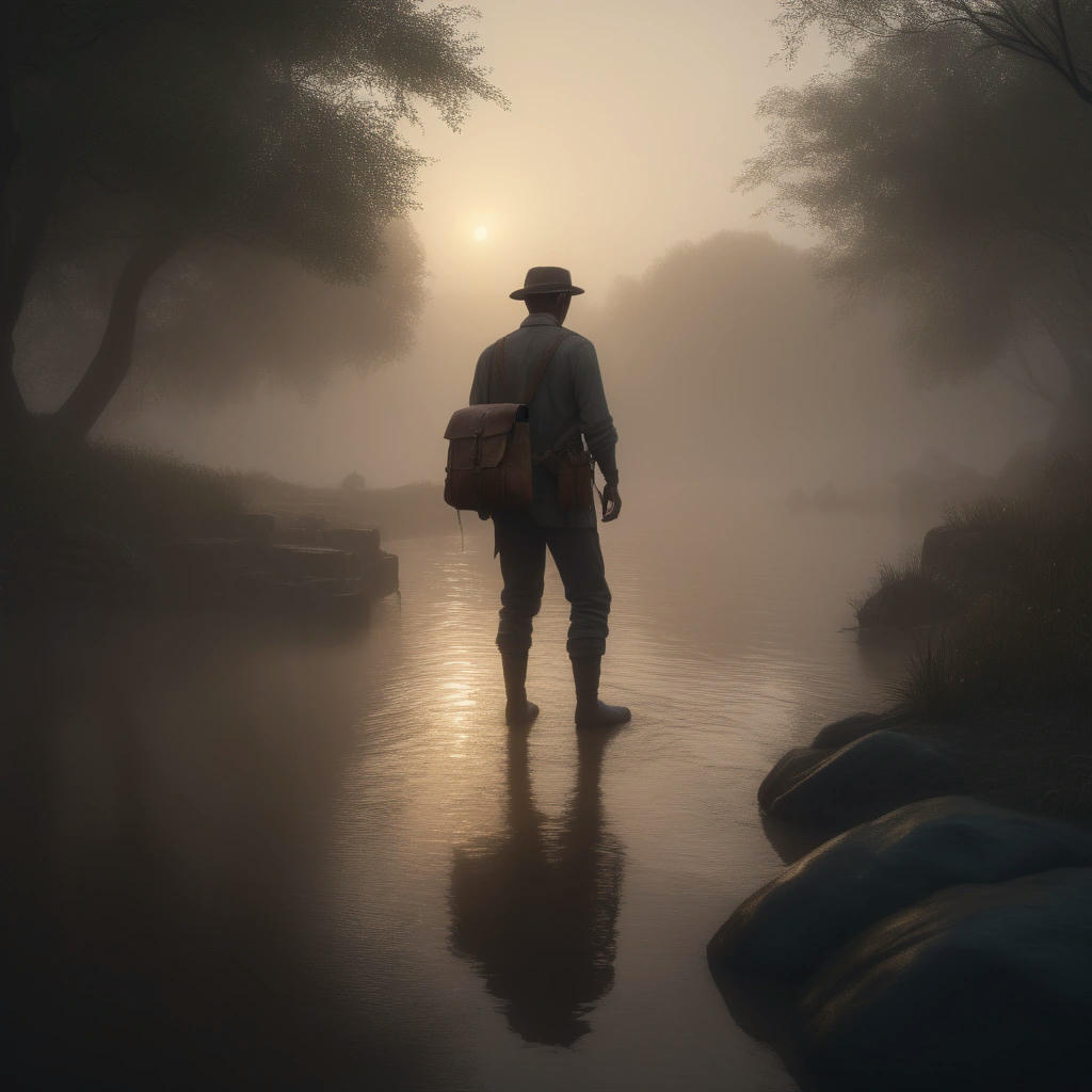 a misty riverbank at dawn, with the one-legged man standing in the distance, looking out at the water, with a worn leather satchel slung over his shoulder, and a faint glow of lanterns in the background, hyper realistic, beautiful, intricate details, photo-realism, octane render, 4k, dramatic lighting