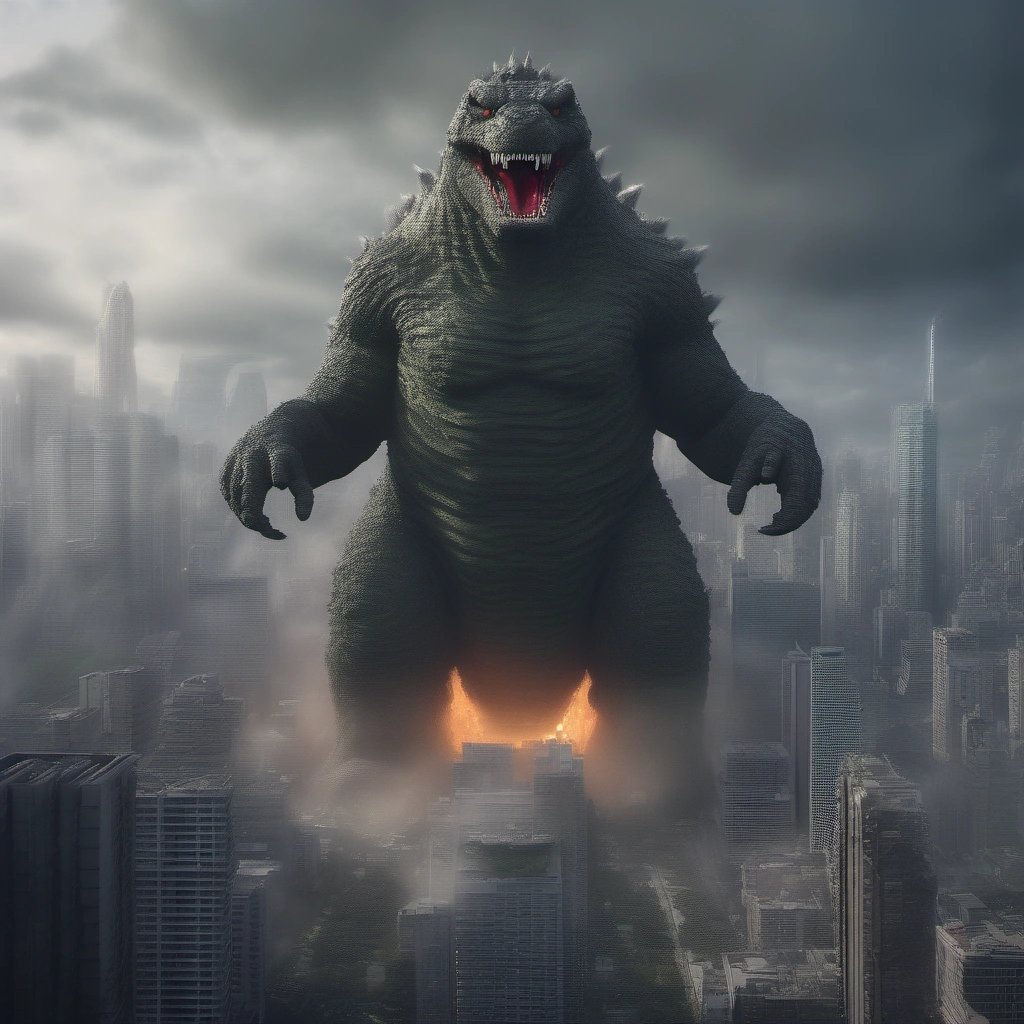Boomzilla releasing shockwaves on Godzilla