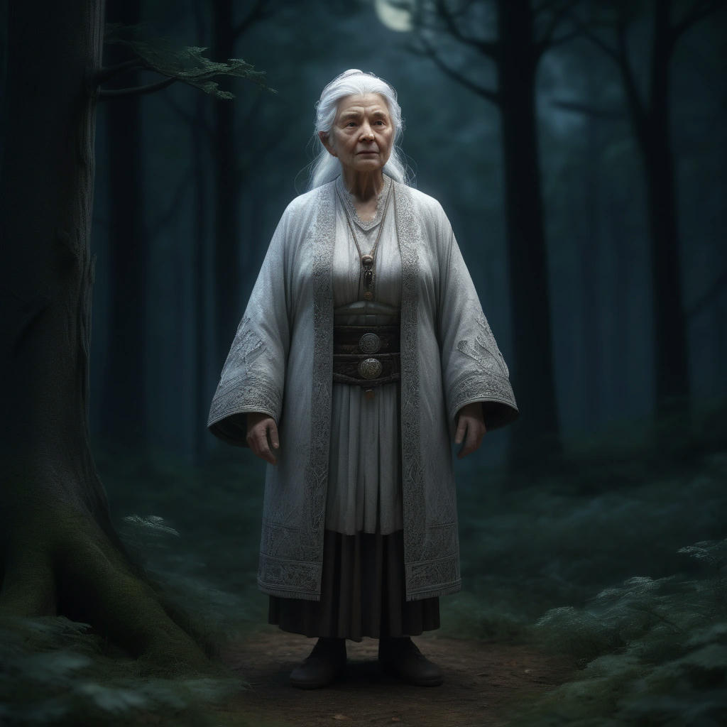 an old wise woman with white hair standing in a forest clearing, surrounded by trees and moonlight, intricate details, high quality, photorealistic, atmospheric lighting